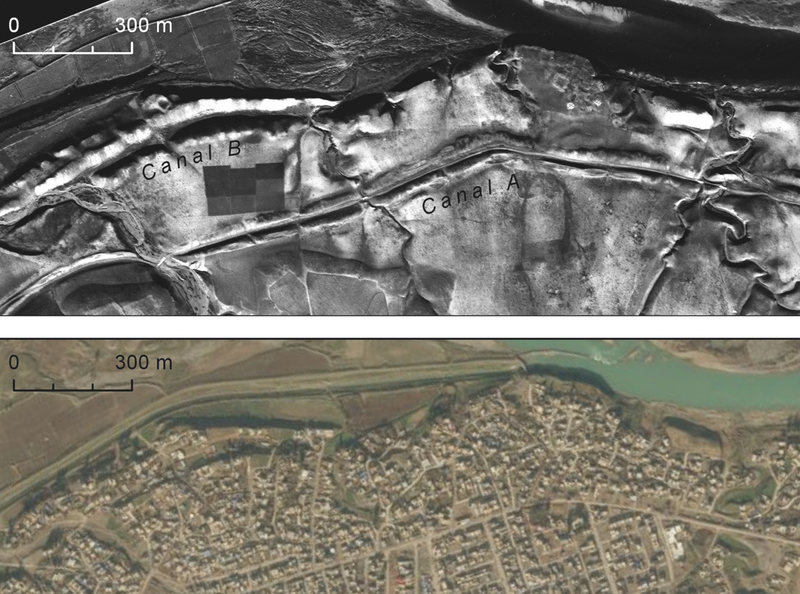An ancient canal system as seen by the U2 spy planes (top), and how the same area appears today (bottom).